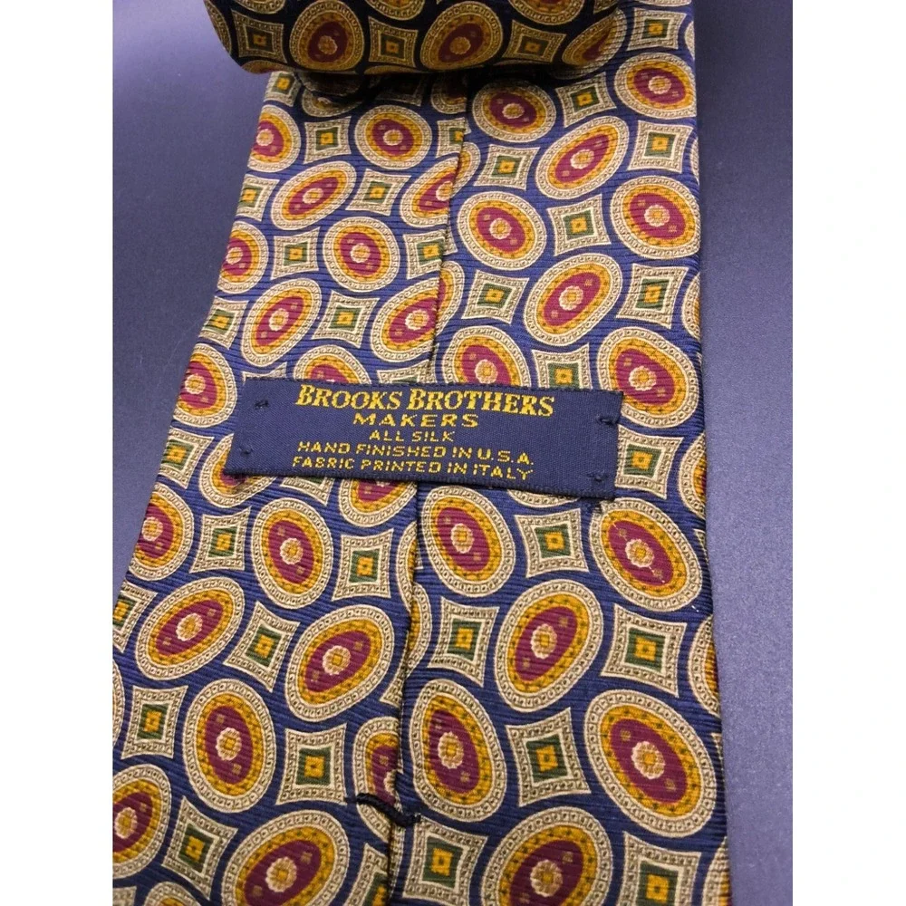 Vintage Brooks Brothers Makers Silk Tie Navy Red Gold Medallion Geometric USA